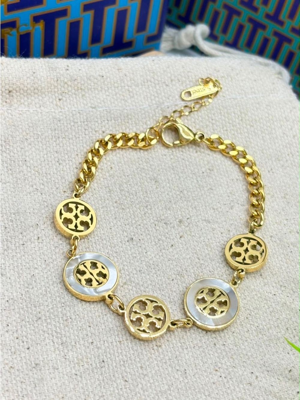 Tory Burch Gold and White Enamel Logo Circle Bracelet